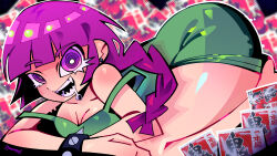 Rule 34 | 1girl, @ @, absurdres, alcohol carton, alternate breast size, bocchi the rock!, breasts, bright pupils, cleavage, dress, drooling, green dress, halftone texture, highres, hiroi kikuri, jiansketch, looking at viewer, lying, mouth drool, off shoulder, on stomach, open mouth, purple hair, saliva, shiny skin, solo, strap slip, studded bracelet, thick thighs, thighs, white pupils