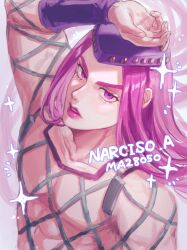 Rule 34 | 1boy, arm up, fishnet top, fishnets, hat, highres, horned hat, jojo no kimyou na bouken, kshima mo369, lipstick, long hair, looking at viewer, makeup, male focus, narciso anasui, pink background, pink eyes, pink hair, pink lips, purple hat, solo, stone ocean, upper body