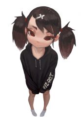 Rule 34 | 1girl, artist name, black hair, black hoodie, child, cross hair ornament, dagger (fizrotart), female focus, fiz-rot, full body, hair ornament, highres, hood, hoodie, original, pigeon-toed, red eyes, simple background, sleeves past wrists, solo, standing, twintails, v arms, white background