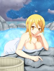 Rule 34 | 1girl, absurdres, bent over, blonde hair, blush, breasts, brown eyes, head rest, cleavage, cloud, fairy tail, highres, large breasts, long hair, looking at viewer, lucy heartfilia, naked towel, night, night sky, onsen, planeptune, sky, smile, solo, star (sky), towel, water