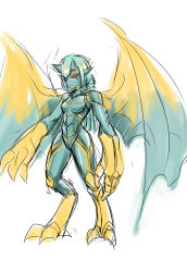 Rule 34 | 1girl, aqua hair, breasts, claws, galio, gargoyle, genderswap, genderswap (mtf), horns, league of legends, medium breasts, monster girl, multicolored hair, nam (valckiry), nude, personification, pointy ears, red eyes, short hair, single horn, solo, two-tone hair, white background, wings