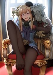 Rule 34 | 2girls, :d, black legwear, blonde hair, blue dress, blue eyes, blush, brown gloves, chair, clothes lift, day, dress, dress lift, fate/grand order, fate (series), flower, frills, fur collar, ginhaha, gloves, hair flower, hair ornament, half-closed eyes, highres, indoors, knee up, long hair, long sleeves, looking at viewer, lord el-melloi ii case files, maid, multiple girls, no shoes, open mouth, panties, panties under pantyhose, pantyhose, reaching, reaching towards viewer, reines el-melloi archisorte, sitting, smile, sunlight, thighband pantyhose, trimmau (fate), tsurime, underwear, window