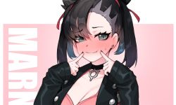 Rule 34 | 1girl, asymmetrical bangs, blush, breasts, character name, choker, cleavage, creatures (company), dress, earrings, fingers to mouth, fingersmile, game freak, hair ribbon, highres, jacket, jewelry, leather, leather jacket, looking at viewer, marnie (pokemon), nail polish, nintendo, open clothes, open jacket, pink dress, pokemon, pokemon swsh, ribbon, short twintails, smile, solo, sweatdrop, twintails, xiangzi box