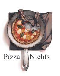 Rule 34 | 2boys, :t, absurdres, black coat, black footwear, black hair, chewing, closed eyes, coat, commentary, eating, fatalbug896, food, food focus, food on face, from above, frying pan, german text, high collar, high heels, highres, holding, holding food, holding pizza, in food, long sleeves, looking at viewer, male focus, mini person, miniboy, multiple boys, napkin, original, pizza, shoes, short hair, sitting, sleeves past fingers, sleeves past wrists, stiletto heels, translated, turtleneck, two-sided coat, two-sided fabric, white background