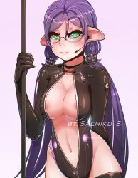 Rule 34 | 10s, 1girl, areola slip, bespectacled, breasts, covered erect nipples, elf, glasses, green eyes, holding, large breasts, long hair, love live!, love live! school idol project, navel, no bra, pointy ears, purple hair, sachiko shirayuki, solo, standing, tojo nozomi