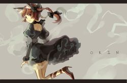Rule 34 | 1girl, animal ears, back, border, bow, braid, cat ears, character name, dress, frills, grey background, hair bow, hair ornament, high heels, kaenbyou rin, leg ribbon, long sleeves, looking at viewer, looking back, no nose, no socks, no tail, puffy sleeves, red eyes, red hair, ribbon, silence girl, simple background, solo, touhou, twin braids