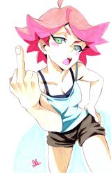Rule 34 | 10s, 1girl, amanda o&#039;neill, blush stickers, camisole, casual, green eyes, hand on own hip, highres, leaning forward, little witch academia, middle finger, mikkusushi, open mouth, orange hair, profanity, short hair, shorts, solo, spaghetti strap, traditional media
