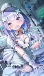 Rule 34 | 1girl, absurdres, all fours, amane kanata, amane kanata (nurse), angel wings, bandaged arm, bandages, blue eyes, blue hair, blush, cardiogram, collar, colored inner hair, commentary request, detached collar, dress, feathered wings, frilled dress, frills, gloves, grey hair, hair ornament, hat, highres, holding, holding thermometer, hololive, id card, indoors, intravenous drip, lanyard, looking at viewer, medium hair, mini wings, mouth hold, multicolored hair, nishiro hato, no shoes, nurse, nurse cap, pantyhose, pill, pink hair, short sleeves, sidelocks, single hair intake, solo, streaked hair, thermometer, virtual youtuber, white collar, white dress, white gloves, white hat, white pantyhose, white wings, wings, x hair ornament