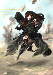 Rule 34 | 1girl, absurdres, action, arm strap, armor, armpits, assault rifle, asymmetrical legwear, blue sky, brown eyes, brown hair, case, clothes around waist, collarbone, detached sleeves, dust, elbow pads, explosion, floating hair, full body, gauntlets, girls&#039; frontline, gloves, gun, hair between eyes, headset, highres, holding, holding gun, holding weapon, jacket, jacket around waist, light particles, long hair, looking back, m4 carbine, m4a1 (girls&#039; frontline), m4a1 (mod3) (girls&#039; frontline), mid-stride, mod3 (girls&#039; frontline), multicolored hair, open mouth, outdoors, projectile trail, reloading, ribbed sweater, rifle, running, scarf, scope, sidelocks, signature, sky, smoke, solo, strap, streaked hair, sweater, sweater vest, torn clothes, torn jacket, tracer ammunition, two-tone hair, uneven legwear, weapon, weapon case, wind, wind lift