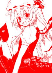 Rule 34 | 1girl, artist request, bad id, female focus, flandre scarlet, hat, monochrome, red theme, simple background, solo, touhou