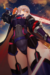 Rule 34 | 1girl, armor, artoria pendragon (fate), blonde hair, boobplate, breastplate, breasts, cameltoe, closed mouth, cloud, cloudy sky, commentary request, covered navel, cowboy shot, excalibur (fate/stay night), fate (series), from below, gaoyang ou nisang, garter straps, hair between eyes, hand up, highres, holding, holding sword, holding weapon, leotard, mysterious heroine x alter (fate), mysterious heroine x alter (third ascension) (fate), navel, night, outdoors, sky, solo, sword, thighhighs, thighs, weapon, yellow eyes