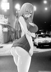 Rule 34 | 1girl, arm under breasts, ass, back cutout, bare arms, bare shoulders, blurry, blurry background, blush, breasts, building, car, cleavage, cleavage cutout, clothes pull, clothing cutout, go-toubun no hanayome, greyscale, hair between eyes, heart cutout, highres, kosmos beta, large breasts, long hair, long hair between eyes, looking at viewer, meme attire, monochrome, motor vehicle, nakano miku, naked sweater, outdoors, parted lips, photo background, road, solo, standing, street, sweater, sweater pull, thighs, turtleneck, turtleneck sweater, virgin killer sweater