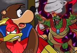 Rule 34 | aura, banjo-kazooie, banjo (banjo-kazooie), cape, corruption, crossover, crown, dark persona, dharkon, donkey kong (series), glowing, hal laboratory, highres, kazooie (banjo-kazooie), king k. rool, kiravera8, nintendo, open mouth, possessed, possession, red eyes, scared, sharp teeth, slit pupils, standing, super smash bros., sweat, sweatdrop, teeth, tentacles, tongue, tongue out, veins, watermark
