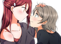 Rule 34 | 2girls, black shirt, blue eyes, blush, bra strap, braid, closed mouth, collarbone, couple, cowboy shot, eye contact, french braid, grey hair, hair ornament, hairclip, hand on another&#039;s head, long hair, looking at another, love live!, love live! sunshine!!, multiple girls, off shoulder, portrait, profile, red hair, sakurauchi riko, shirt, short hair, simple background, sketch, smile, watanabe you, white background, yellow eyes, yuchi (salmon-1000), yuri