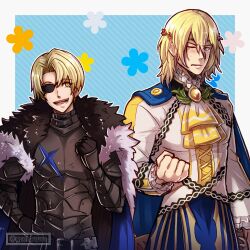Rule 34 | alfred (fire emblem), alfred (fire emblem) (cosplay), armor, ascot, black gloves, blonde hair, blue cape, cape, cosplay, costume switch, dimitri alexandre blaiddyd, dimitri alexandre blaiddyd (cosplay), eyepatch, fire emblem, fire emblem: three houses, fire emblem engage, fur trim, gloves, green eyes, gzei, hair between eyes, highres, long sleeves, looking at another, male focus, nintendo, one eye closed, open mouth, short hair, smile, yellow ascot