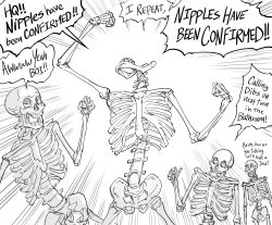 Rule 34 | 4others, bb (baalbuddy), bone, cheering, collarbone, english text, greyscale, highres, monochrome, multiple others, open mouth, original, skeleton, skull, undead