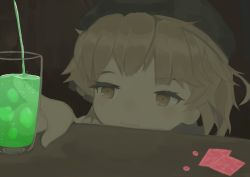 Rule 34 | 1girl, :d, absurdres, bad id, bad pixiv id, beret, black hat, brown hair, commentary request, condom, condom wrapper, cup, drink, drinking glass, fangs, hat, hatoba tsugu, heart, highres, ice, ice cube, light brown hair, open mouth, pill, pouring, sa ka (sakanoya), smile, solo, virtual youtuber