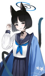 Rule 34 | 1girl, absurdres, animal ears, black eyes, black hair, black sailor collar, black skirt, blue archive, blue neckerchief, cat ears, cat tail, haori, highres, japanese clothes, kikyou (blue archive), long sleeves, multiple tails, neckerchief, pleated skirt, sailor collar, school uniform, serafuku, short hair, simple background, skirt, solo, tail, two tails, wasi, white background