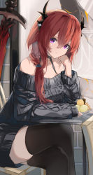 Rule 34 | 1girl, alternate costume, arknights, bare shoulders, black thighhighs, bra strap, braid, casual, commentary, crossed legs, feet out of frame, hair between eyes, hand up, highres, horns, long hair, long sleeves, looking at viewer, off-shoulder sweater, off shoulder, purple eyes, red hair, ris (ris fi8), single braid, sitting, solo, surtr (arknights), sweater, symbol-only commentary, thighhighs, thighs, zettai ryouiki