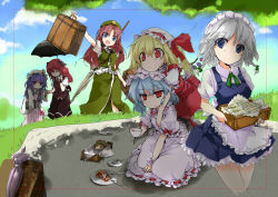 Rule 34 | 6+girls, apron, arm up, ayuya naka no hito, bat wings, blonde hair, blue dress, blue eyes, blue hair, blue sky, book, braid, breasts, chinese clothes, cloud, crescent, cup, day, dress, closed eyes, flandre scarlet, food, fork, hat, hat ribbon, head rest, head wings, holding up, hong meiling, izayoi sakuya, knife, koakuma, long sleeves, looking at viewer, maid, maid apron, maid headdress, medium breasts, mob cap, multiple girls, open mouth, parasol, patchouli knowledge, picnic, picnic basket, pink dress, plate, puffy sleeves, purple eyes, purple hair, red dress, red eyes, red hair, remilia scarlet, ribbon, sanoharu, shade, shirt, short sleeves, siblings, sideboob, silver hair, sisters, sitting, skirt, skirt set, sky, smile, star (symbol), teacup, touhou, twin braids, umbrella, vest, viewfinder, waist apron, wide sleeves, wings, wrist cuffs