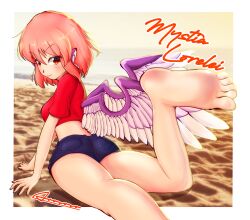 1girl arososo145 barefoot blush feet highres light_smile looking_at_viewer medium_hair mystia_lorelei pink_hair red_eyes soles toes touhou wings