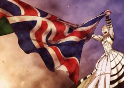 Rule 34 | 1girl, closed eyes, cloud, cloudy sky, colorized, commentary, crown, dress, elizard, feet out of frame, flag, from below, gazing eye, grey hair, haimura kiyotaka, highres, holding, holding flag, long sleeves, novel illustration, official art, old, old woman, open mouth, outdoors, outstretched arms, queen, sky, solo, standing, teeth, toaru majutsu no index, toaru majutsu no index: old testament, tongue, union jack, upper teeth only, white dress