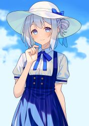 07nono06 1girl absurdres blue_dress blue_hair blue_ribbon blush commentary_request dress gakuen_idolmaster grey_hair hair_ribbon hat highres idolmaster katsuragi_lilja light_smile looking_at_viewer neck_ribbon outdoors pinafore_dress pinstripe_dress pinstripe_pattern ribbon ribbon_braid shirt short_sleeves sleeveless sleeveless_dress solo sun_hat white_hat white_shirt