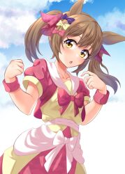 Rule 34 | 1girl, animal ears, blush, breasts, brown eyes, brown hair, cloud, collarbone, commentary request, hair between eyes, hair ornament, highres, horse girl, looking at viewer, mukae gou, ribbon, short twintails, simple background, sky, small breasts, smart falcon (umamusume), twintails, umamusume
