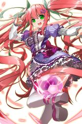 Rule 34 | 1girl, :d, absurdly long hair, ball, dress, foot out of frame, frilled dress, frills, hair ornament, heart, heart hair ornament, highres, long hair, long sleeves, looking at viewer, m/, official art, open mouth, pink footwear, pink hair, platform footwear, smile, soccer ball, soccer spirits, solo, standing, standing on one leg, transparent background, twintails, vakasatang, very long hair, victoria (soccer spirits), white legwear
