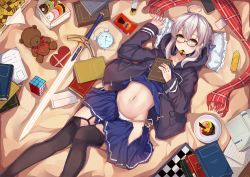 Rule 34 | 1girl, ahoge, artoria pendragon (fate), black thighhighs, chocolate, doughnut, excalibur (fate/stay night), fate/grand order, fate (series), food, from above, garter straps, glasses, grey hair, highres, holding, hood, hooded jacket, jacket, long sleeves, looking at viewer, lying, mysterious heroine x alter (fate), mysterious heroine x alter (first ascension) (fate), navel, on back, panties, plaid, plaid scarf, pleated skirt, red scarf, scarf, school uniform, side-tie panties, skirt, solo, stuffed animal, stuffed toy, teddy bear, thighhighs, underwear, undressing, usagi an, white panties, yellow eyes