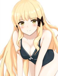 Rule 34 | 1girl, all fours, bare arms, bare shoulders, black bow, blonde hair, blush, bow, breasts, cleavage, closed mouth, collarbone, cowboy shot, hair bow, highres, long hair, looking at viewer, medium breasts, one-piece swimsuit, pointy ears, princess connect!, sa (nax49), saren (princess connect!), sidelocks, simple background, smile, solo, swimsuit, very long hair, wavy hair, white background, white bow, yellow eyes