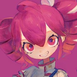 Rule 34 | 1girl, ahoge, drill hair, grey jacket, grin, hair between eyes, high collar, jacket, kasane teto, kasane teto (sv), looking at viewer, nedoco, portrait, purple background, red eyes, red hair, sidelocks, simple background, smile, solo, synthesizer v, twin drills