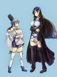Rule 34 | 2girls, armpits, bare shoulders, blue background, boots, breasts, brown hair, detached collar, dress, eye contact, full body, gradient hair, grey eyes, grey hair, hands on own hips, hat, height difference, hijiri byakuren, jacket, japanese clothes, kariginu, large breasts, long hair, looking at another, microdress, miniskirt, mononobe no futo, multicolored hair, multiple girls, no bra, ponytail, purple hair, sideboob, simple background, skirt, smile, smirk, standing, tate eboshi, thick thighs, thigh boots, thighhighs, thighs, touhou, white dress, white legwear, yohane