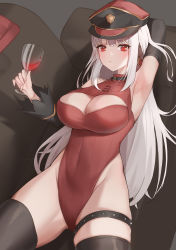 Rule 34 | 1girl, absurdres, arm behind head, armpits, bare shoulders, breasts, cjw01, cleavage, cleavage cutout, clothing cutout, commission, covered navel, detached sleeves, hat, highleg, highres, large breasts, leotard, original, red eyes, thighhighs, thighlet, thighs