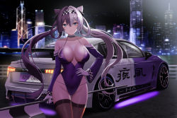 Rule 34 | 1girl, absurdres, azur lane, backless leotard, blue eyes, blush, breasts, car, checkered flag, checkered hairband, choker, cityscape, cleavage, closed mouth, collarbone, cone hair bun, covered navel, cowboy shot, detached sleeves, flag, gloves, groin, hair bun, hand on own hip, highleg, highleg leotard, highres, holding, holding flag, kcar66t, large breasts, leotard, long hair, long sleeves, looking at viewer, motor vehicle, night, outdoors, purple hair, purple leotard, race queen, race vehicle, racecar, smile, solo, thigh gap, twintails, vehicle focus, vehicle request, very long hair, white choker, white gloves, ying swei (azur lane)