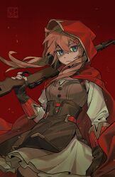 Rule 34 | 1girl, armor, black thighhighs, blue eyes, brown hair, capelet, cloak, closed mouth, fingerless gloves, gloves, gun, hair between eyes, hair ornament, hairclip, highres, holding, holding gun, holding weapon, hood, hood up, hooded cloak, leather armor, long sleeves, original, red background, red capelet, red cloak, rifle, shirt, skirt, solo, sue mico, thighhighs, weapon, white shirt, zettai ryouiki