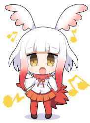 Rule 34 | 10s, 1girl, beamed quavers, bird tail, black footwear, blunt bangs, chibi, full body, gloves, head wings, japanese crested ibis (kemono friends), kemono friends, long sleeves, looking at viewer, multicolored hair, music, musical note, open mouth, orange skirt, osaragi mitama, pantyhose, pleated skirt, quaver, red gloves, red pantyhose, shirt, shoes, short hair, sidelocks, silver hair, simple background, singing, skirt, solo, standing, tail, two-tone hair, white background, white shirt, wings, yellow eyes