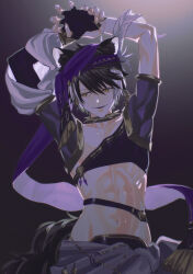 Rule 34 | 1boy, abs, absurdres, alternate costume, animal ears, arms up, backlighting, black hair, collar, dancer, facing viewer, feather hair ornament, feathers, fingerless gloves, gloves, gradient background, hair ornament, half-closed eyes, harem outfit, highres, holostars, jackal boy, jackal ears, jackal tail, kageyama shien, looking to the side, male focus, midriff, momiage 40, multicolored hair, navel, parted lips, revealing clothes, short hair, smile, solo, spiked collar, spikes, toned, toned male, two-tone hair, upper body, virtual youtuber, white hair, yellow eyes