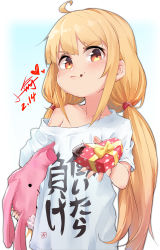 Rule 34 | 1girl, absurdres, ahoge, bare shoulders, blonde hair, blush, bow, box, carrying, carrying under arm, chocolate, chocolate on face, closed mouth, clothes writing, collarbone, commentary request, dated, food, food on face, futaba anzu, gift, gift box, heart, heart-shaped box, highres, holding, holding gift, idolmaster, idolmaster cinderella girls, long hair, low twintails, off shoulder, oversized clothes, oversized shirt, polka dot, red eyes, shirt, signature, solo, stuffed animal, stuffed rabbit, stuffed toy, twintails, v-shaped eyebrows, very long hair, white shirt, xiaoyu, yellow bow, you work you lose