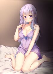 Rule 34 | 1girl, babydoll, bare shoulders, barefoot, bed, blush, breasts, cleavage, collarbone, commission, dress, feet, fire emblem, fire emblem: genealogy of the holy war, fire emblem heroes, gradient background, highres, julia (fire emblem), large breasts, light purple hair, long hair, looking at viewer, nabunabu, nintendo, purple babydoll, purple eyes, purple hair, simple background, sitting, solo, toenails, toes, wariza