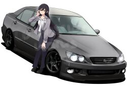 Rule 34 | 1girl, absurdres, black footwear, black pants, blazer, breasts, brown eyes, car, commentary, commission, english commentary, grey jacket, hair behind ear, hand on own cheek, hand on own face, highres, holeecrab, idolmaster, idolmaster shiny colors, jacket, leaning forward, lexus, lexus is, long hair, looking at viewer, medium breasts, motor vehicle, pants, shadow, shirase sakuya, shirt, shoes, simple background, smile, vehicle focus, very long hair, watermark, white background, white shirt