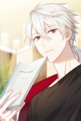 Rule 34 | 1boy, black shirt, blurry, blurry background, cheritz, closed mouth, fingernails, hair between eyes, hair tie, highres, holding, holding notebook, low ponytail, male focus, notebook, official art, plant, red eyes, shirt, solo, susanghan messenger, third-party source, white hair, zen (susanghan messenger)