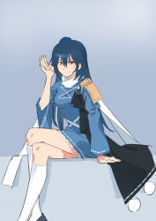 Rule 34 | 1girl, absurdres, arm support, armor, blue dress, blue hair, breasts, closed mouth, commentary request, crossed legs, dark blue hair, dress, feet out of frame, gradient background, grey background, hair between eyes, hand up, hat, highres, iizunamaru megumu, kakaricho dairi, kneehighs, light blush, light smile, long hair, looking at viewer, pauldrons, pom pom (clothes), shoulder armor, simple background, single pauldron, sitting, sleeves past elbows, small breasts, socks, solo, tokin hat, touhou, v-shaped eyebrows, very long hair, white socks, wide sleeves