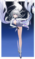 Rule 34 | 1girl, alyss (tower of fantasy), athletic leotard, black gloves, blue leotard, border, breasts, character request, check character, cleavage, closed mouth, full body, gloves, grey hair, highres, leotard, long hair, long sleeves, looking at viewer, medium breasts, purple eyes, qing wu, side slit, simple background, smile, solo, standing, standing on one leg, tower of fantasy, white border
