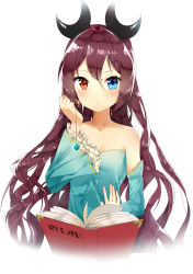 Rule 34 | 1girl, absurdres, blue eyes, book, breasts, brown hair, cleavage, collarbone, detached sleeves, floating hair, hair ornament, heterochromia, highres, holding, illian-san, long hair, open book, original, parted lips, red eyes, simple background, small breasts, solo, strapless, upper body, very long hair, white background