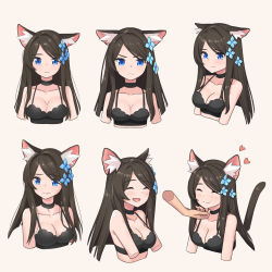 Rule 34 | 1girl, :d, aina (mao lian), animal ear fluff, animal ears, black bra, black choker, blue eyes, blush, bra, breasts, brown hair, cat ears, choker, cleavage, closed mouth, cropped arms, cropped torso, expressions, closed eyes, frown, hand on another&#039;s chin, heart, highres, long hair, looking at viewer, mao lian (nekokao), medium breasts, open mouth, original, simple background, smile, stroking another&#039;s chin, underwear, white background