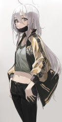 Rule 34 | 1girl, ahoge, black surgical mask, commentary, cowboy shot, crop top, expressionless, gradient background, grey eyes, grey hair, hair between eyes, highres, hoshi syoko, idolmaster, idolmaster cinderella girls, jacket, long hair, looking at viewer, mask, modare, mouth mask, navel, open clothes, open jacket, pants, solo, sukajan, surgical mask, thumbs in pockets, unbuttoned pants