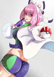 Rule 34 | 1girl, ass, bow, breasts, coat, collared shirt, creatures (company), dutch angle, dynamax band, finger on cheek, fur coat, game freak, gloves, hair bow, highres, holding, holding poke ball, klara (pokemon), large breasts, lipstick, looking at viewer, makeup, mole, mole under mouth, nintendo, pink hair, poke ball, pokemon, pokemon swsh, purple eyes, shirt, short shorts, shorts, single glove, solo, ugo (artist), white background, white coat