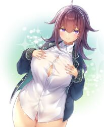 Rule 34 | 1girl, abstract background, ahoge, blush, breasts, button gap, curvy, dot nose, facing viewer, genderswap, genderswap (mtf), hair between eyes, hands on own chest, haruto (pokoten), jacket, large breasts, long hair, looking at viewer, matching hair/eyes, no panties, original, pokoten (pokoten718), purple eyes, purple hair, shiny skin, shirt, simple background, smile, solo, sparkle, thick thighs, thighs, white shirt