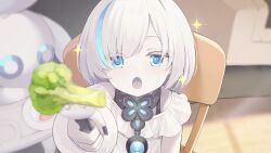 Rule 34 | 1girl, :o, artist request, azur lane, black nails, blue eyes, blue hair, blurry, blush, broccoli, chair, child, colored eyelashes, colored skin, couch, depth of field, dress, eyes visible through hair, feeding, fingernails, fork, four-leaf clover necklace, game cg, hair over one eye, hand up, highres, holding, holding fork, incoming food, indoors, jewelry, looking at viewer, multicolored hair, nail polish, necklace, non-web source, off-shoulder dress, off shoulder, official art, open mouth, pale skin, plate, pov, short hair, sitting, solo, sparkle, streaked hair, stuffed toy, table, tb (azur lane), tb (young) (azur lane), two-tone hair, white dress, white hair, white skin, wrist cuffs